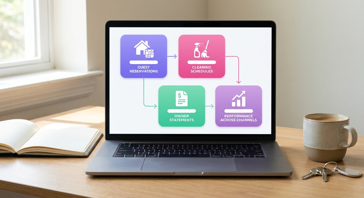 A modern desktop screen displays a property management owner portal for a vacation rental business, featuring sections for gu
