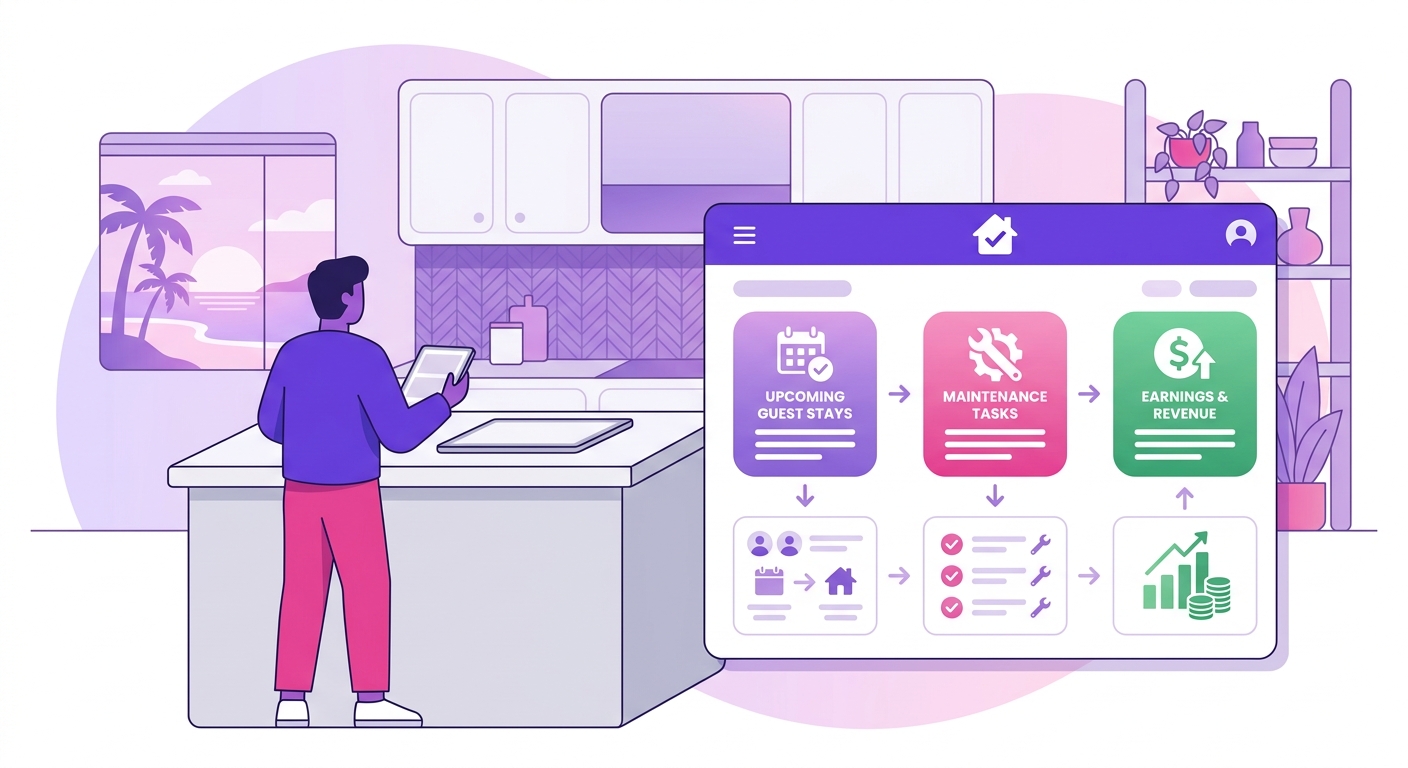 A short-term rental property owner stands at a kitchen island in a stylish vacation home, checking an owner portal on a table