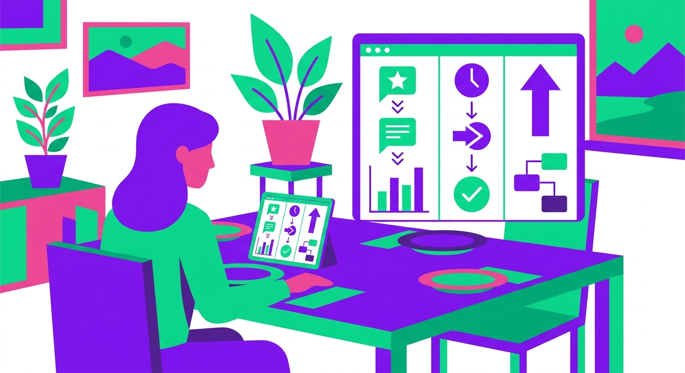 A property owner at a dining table in a stylish vacation rental checks a dashboard summarizing guest reviews, response times,