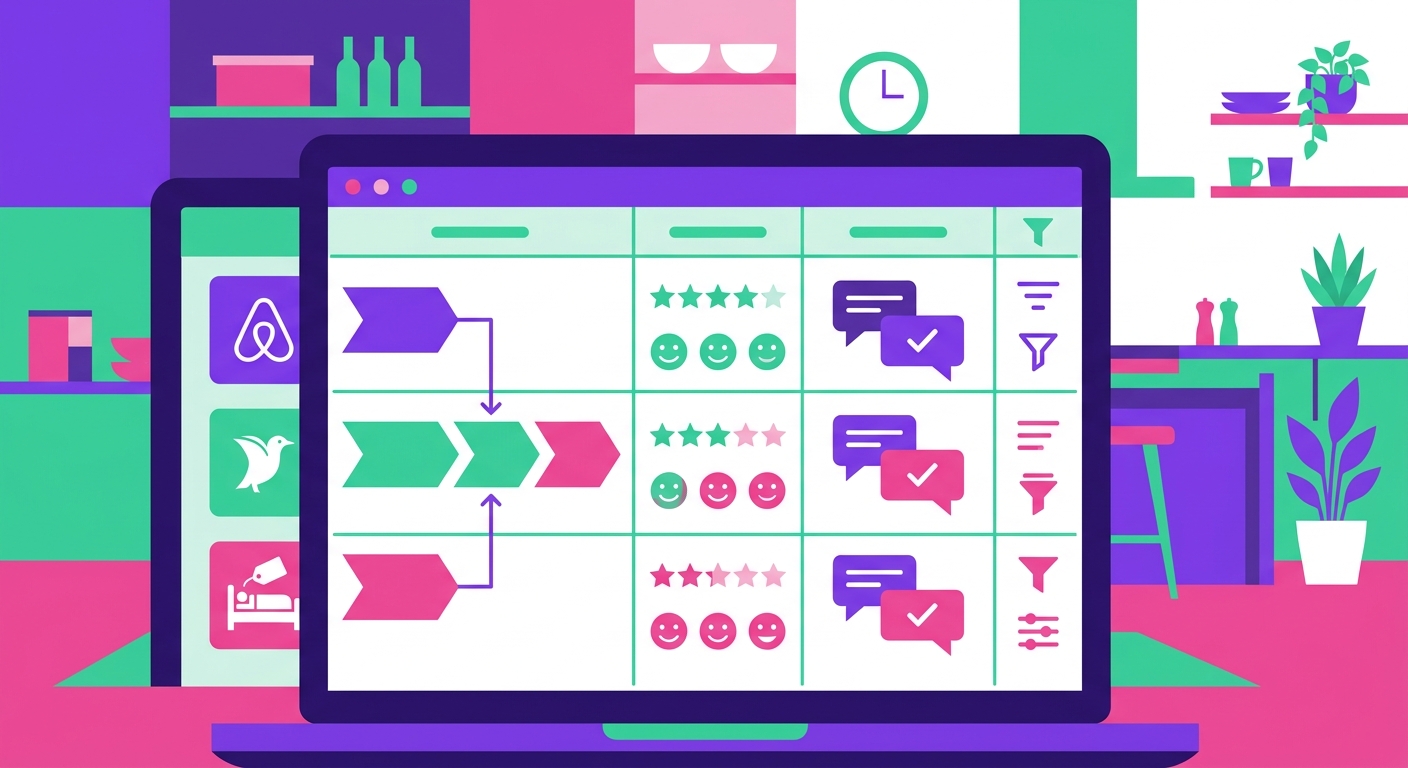 A close-up of a laptop screen shows an organized review management workflow for an Airbnb-style property, with guest ratings,