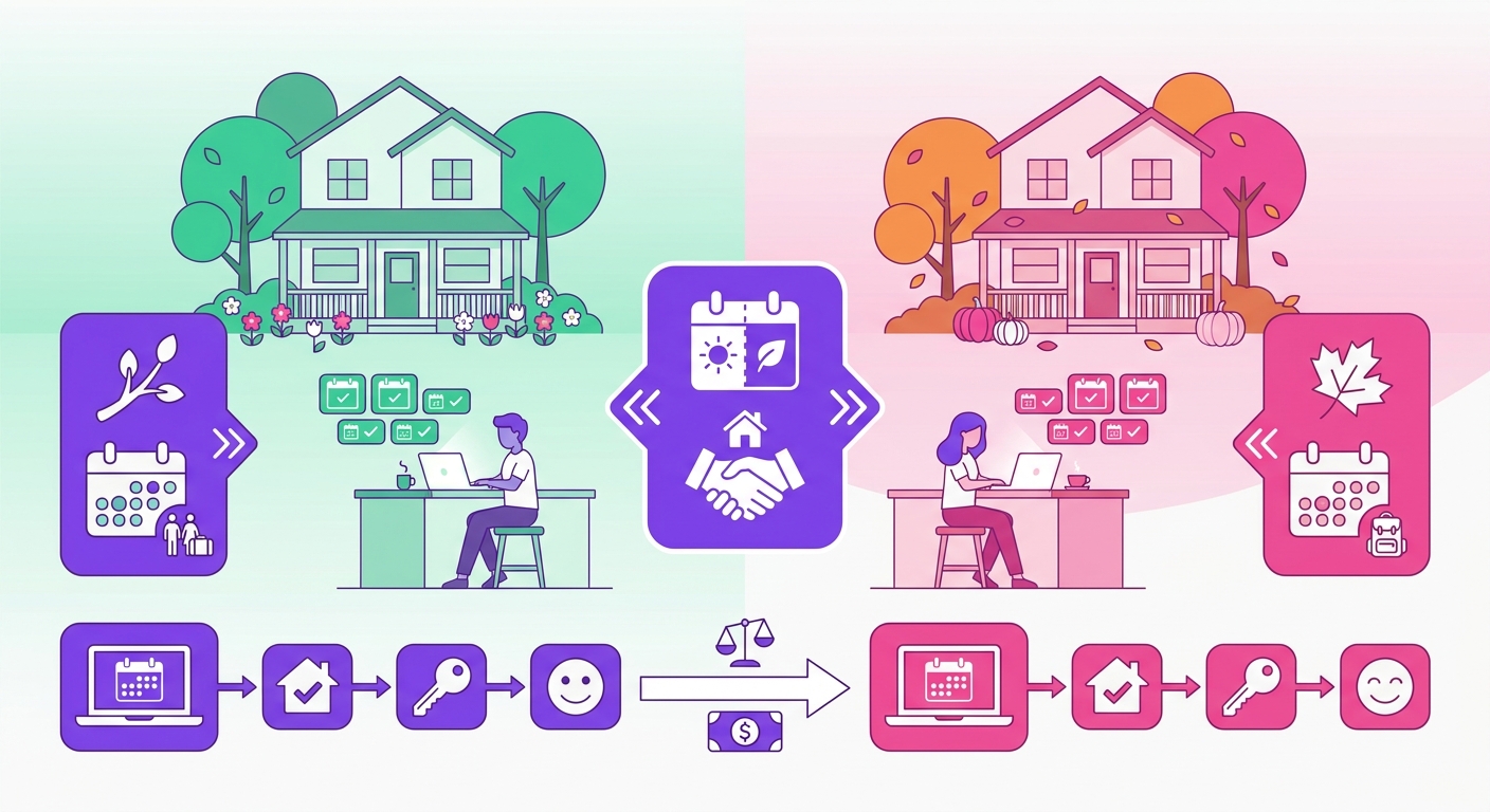 A split-season image shows the same residential Airbnb-style property in late spring or early fall, with mild weather and few