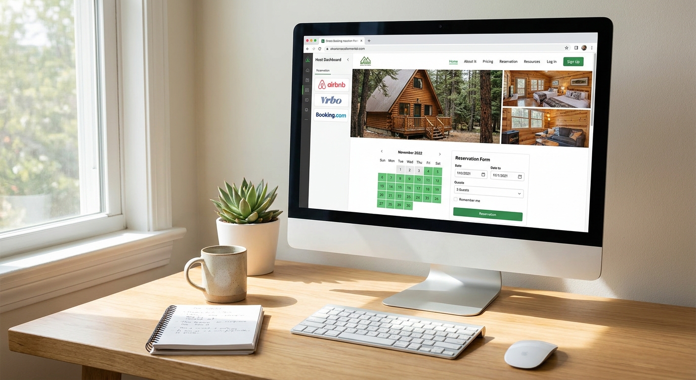 A modern desktop screen displays a direct booking website for a vacation rental, with clear property photos, a booking calend