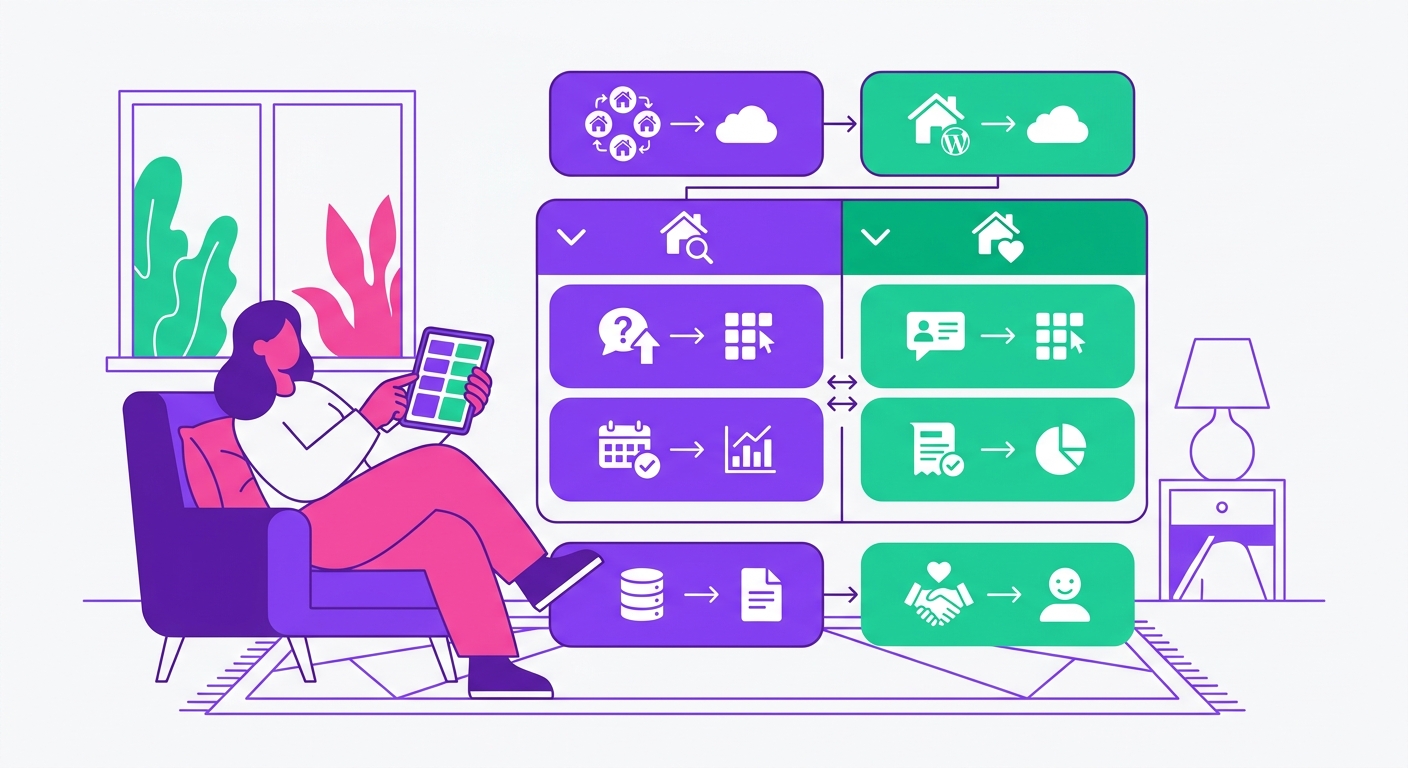 A property owner works from a cozy living area in a residential short-term rental, comparing guest inquiries and booking data