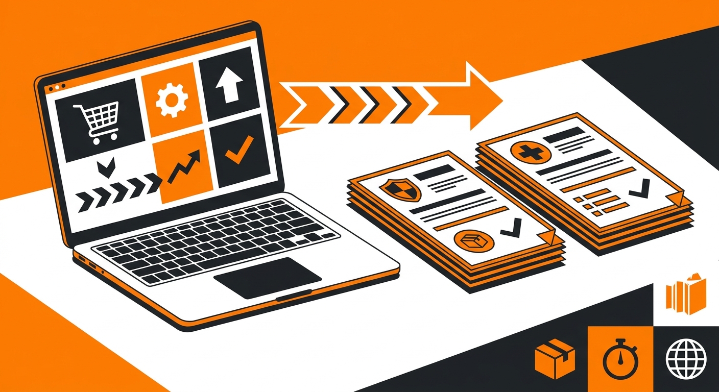 A clean workspace scene showing a laptop displaying an ecommerce dashboard alongside official-looking compliance documents la