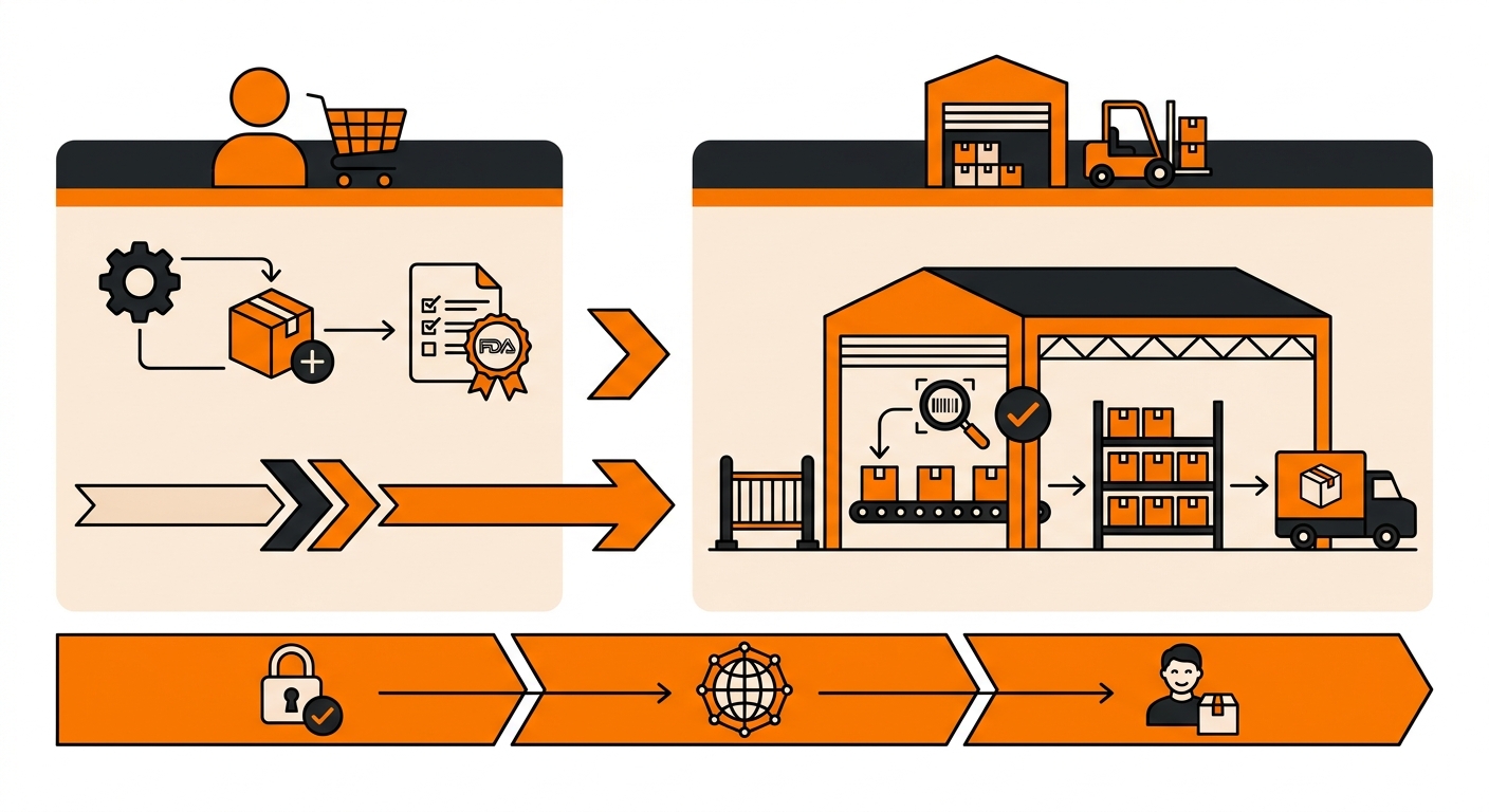Infographic showing the FDA registration process for eCommerce sellers: product category determination, account creation in FDA portal, facility and product information submission, receipt of registration number, and biennial renewal cycle during October–December of even-numbered years