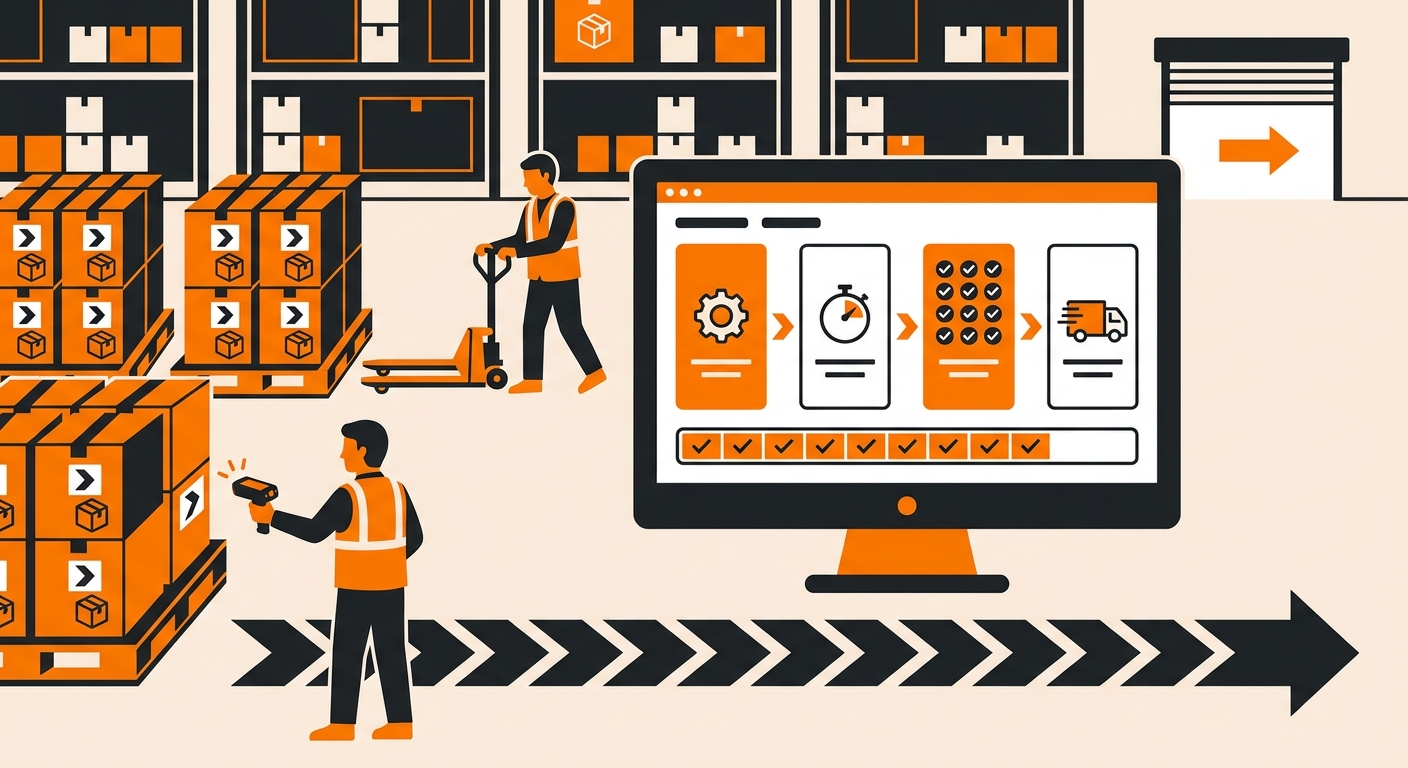 A clean warehouse receiving area with labeled cartons on pallets, workers using handheld scanners, and a computer screen disp