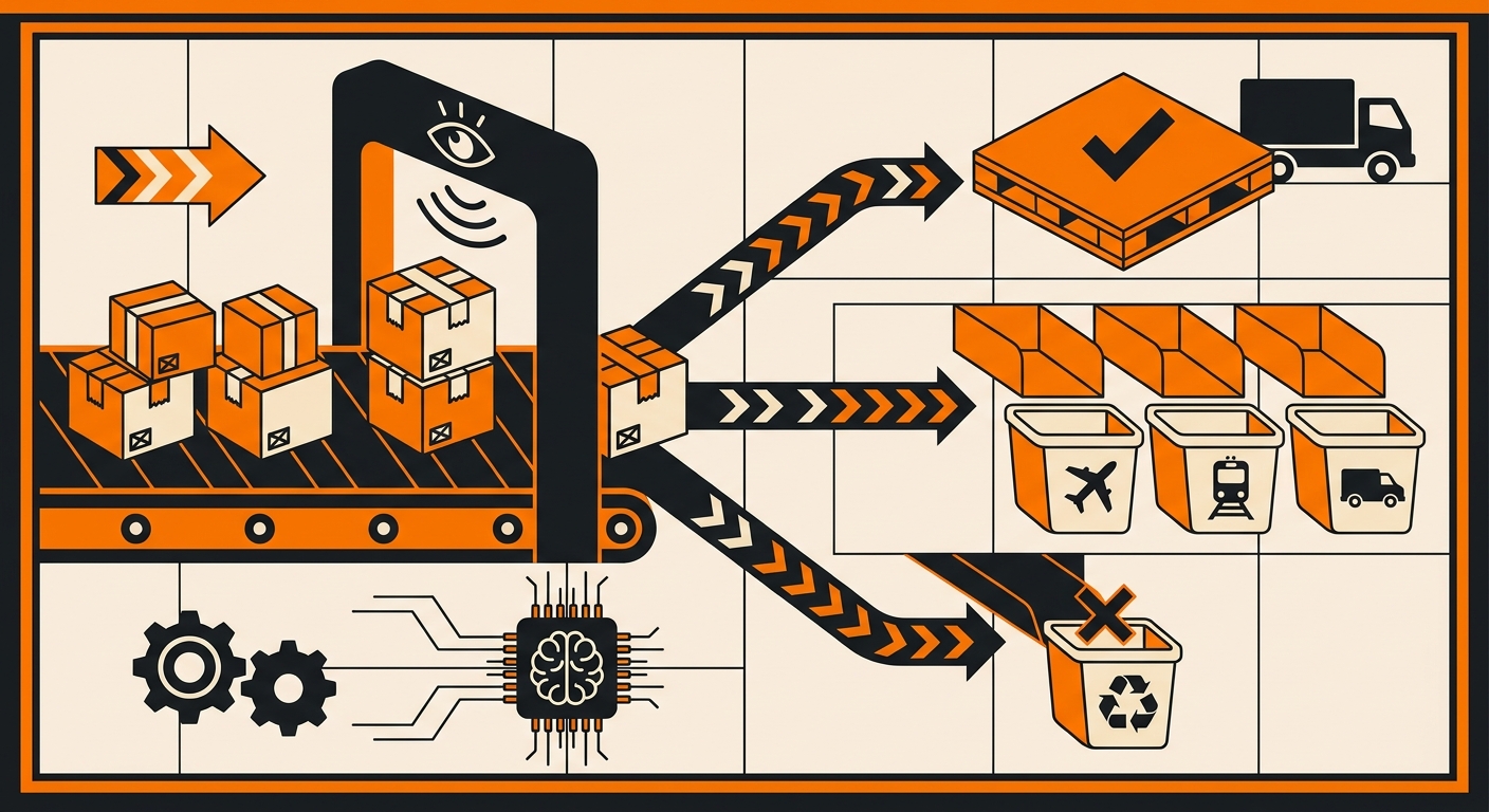 A professional illustration-style image of a fulfillment center layout highlighting how automated sortation works, with label