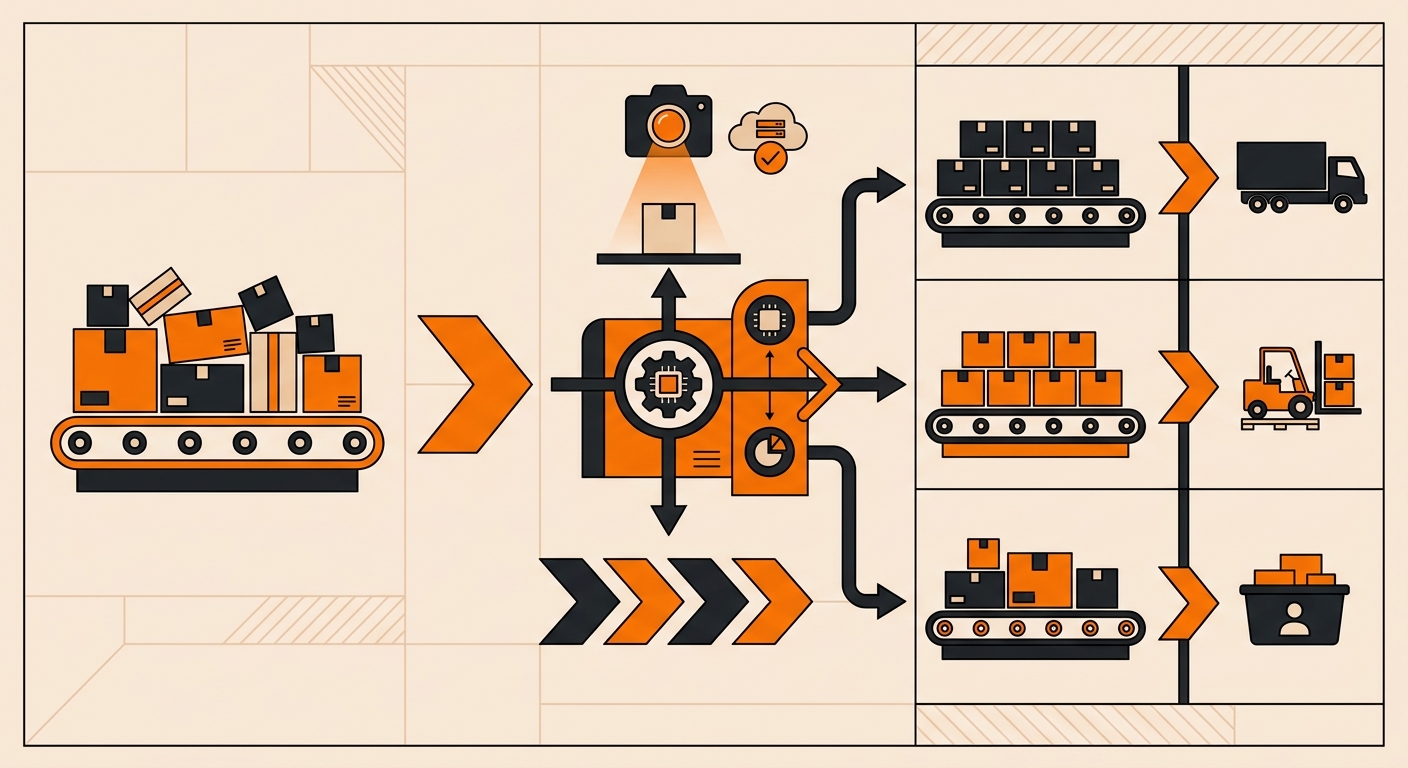 Diagram of an automated sortation system in a fulfillment warehouse showing induction station, barcode scan engine, sort controller, and divert lanes routing packages to carrier-specific staging areas