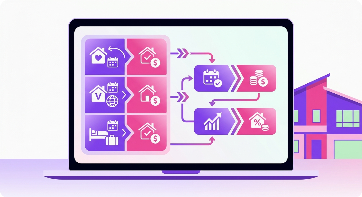 A modern dashboard is displayed on a laptop screen with booking calendar data, revenue figures, and recognizable short-term r