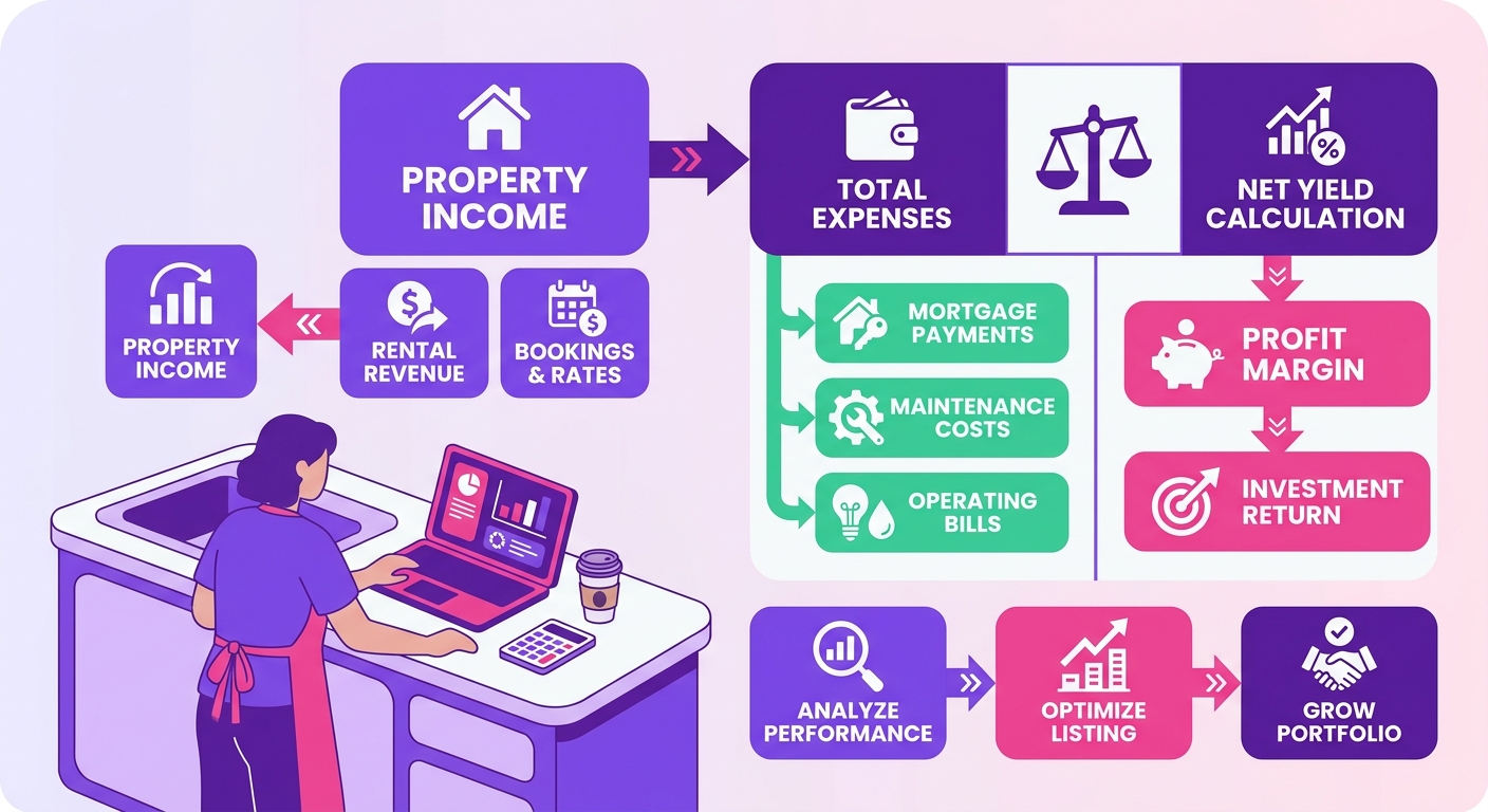 An owner of a stylish vacation rental stands at a kitchen counter with a laptop and calculator, comparing property income aga