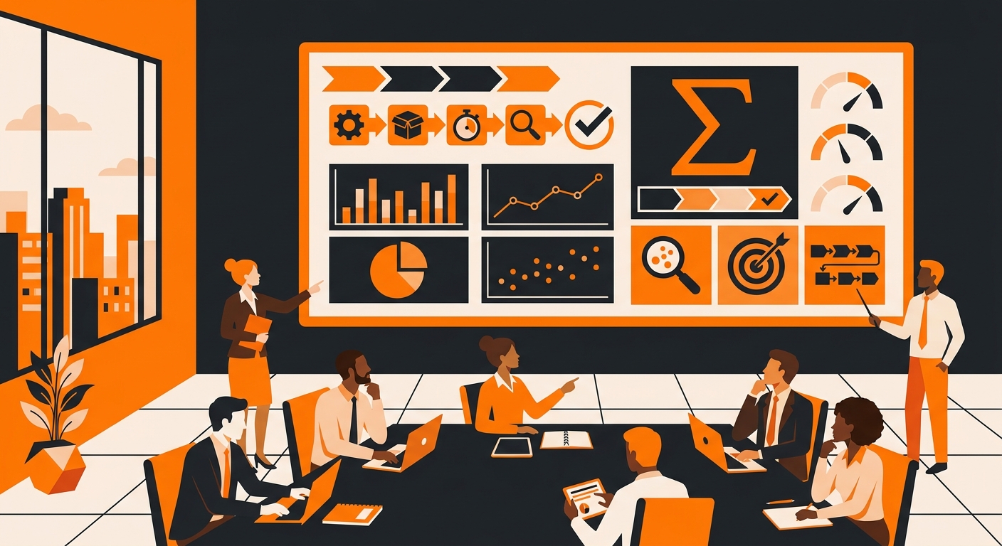 A business team in a conference room reviewing a quality control report on a large screen displaying defects per million oppo