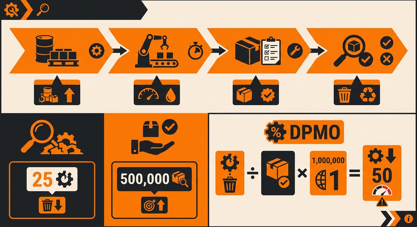 A clean dashboard-style graphic showing a manufacturing or process workflow with highlighted defect counts, total opportuniti