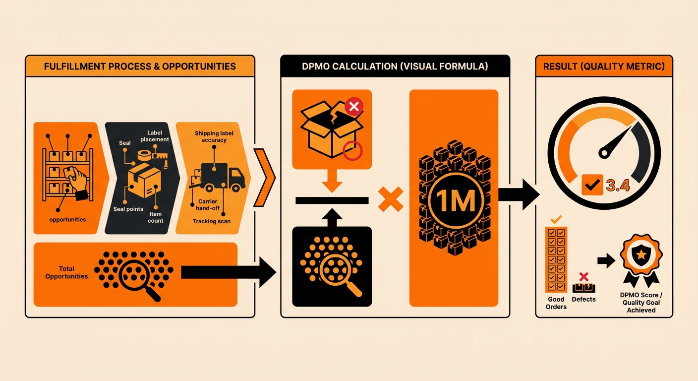 Infographic showing the DPMO formula applied to a fulfillment warehouse, with defect types (mispicked SKU, wrong label, damaged unit) mapped to order opportunities and a resulting DPMO score benchmarked against Six Sigma quality levels