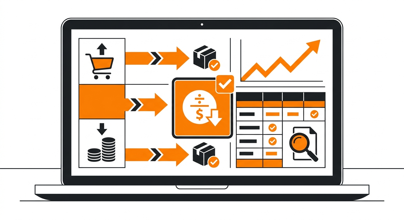 A clean ecommerce analytics dashboard displayed on a laptop screen, showing total marketing spend, number of orders, and a hi