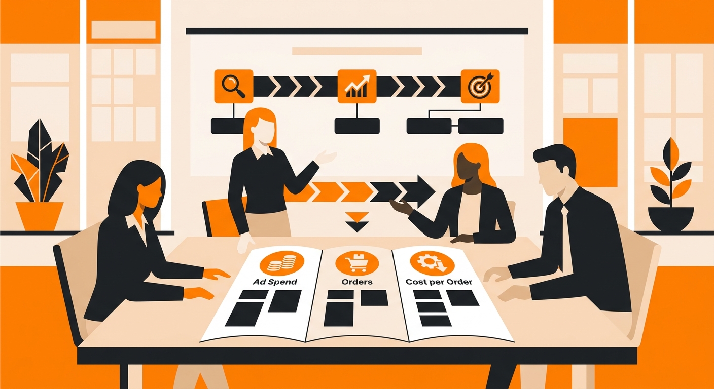 A marketing team reviews a printed performance report at a conference table, with visible columns for ad spend, orders, and c