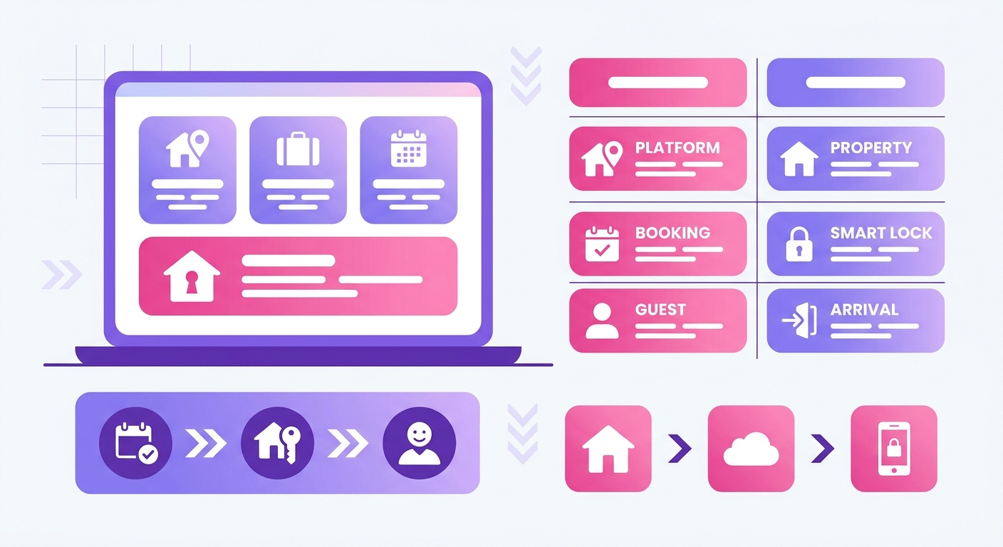 A professional workspace scene featuring a short-term rental owner at a laptop reviewing guest arrival details and smart lock