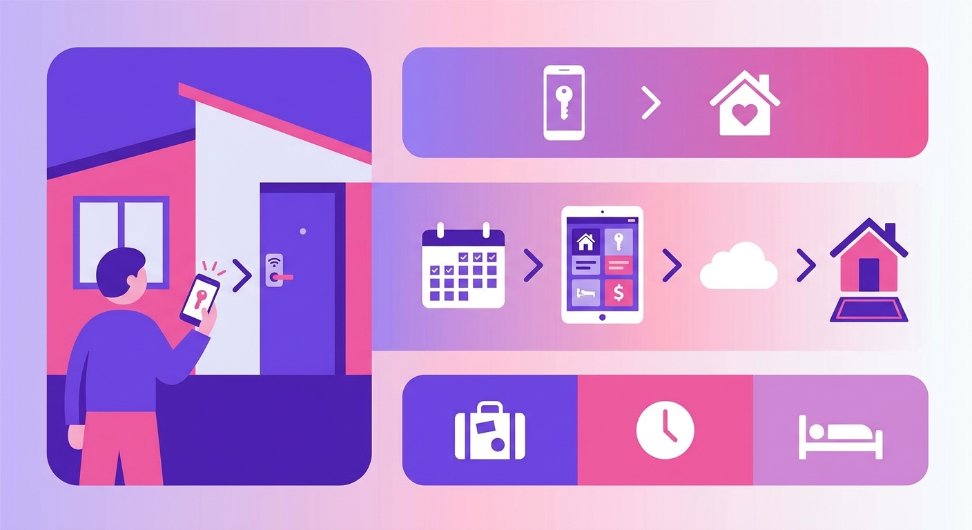 A bright exterior shot of a stylish Airbnb-style vacation home with a guest using a smartphone to unlock the front door, sugg