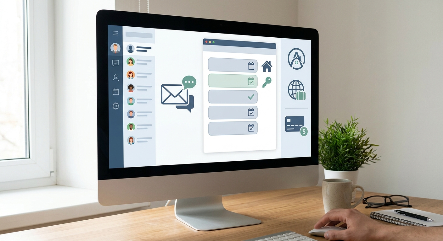 A property owner manages guest communication from a home office, with a desktop monitor displaying a short-term rental messag