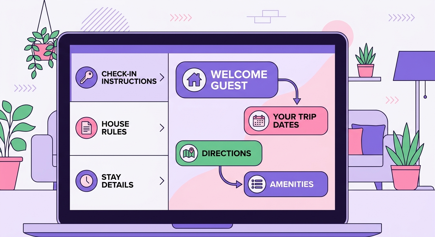 A close-up of a laptop screen shows a modern guest messaging interface with conversation threads about check-in instructions,