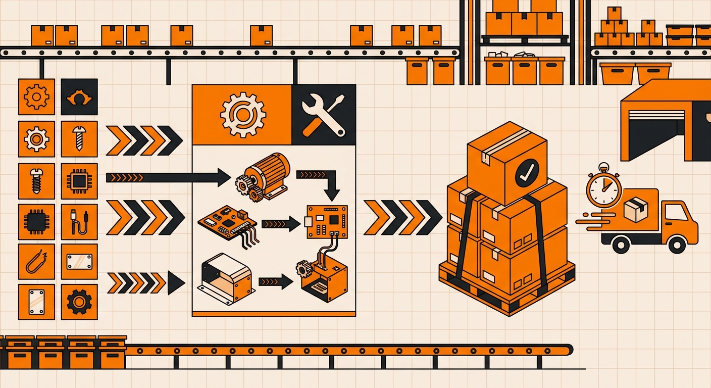 A professional logistics diagram-style scene with boxes, components, and arrows representing the flow from individual parts t