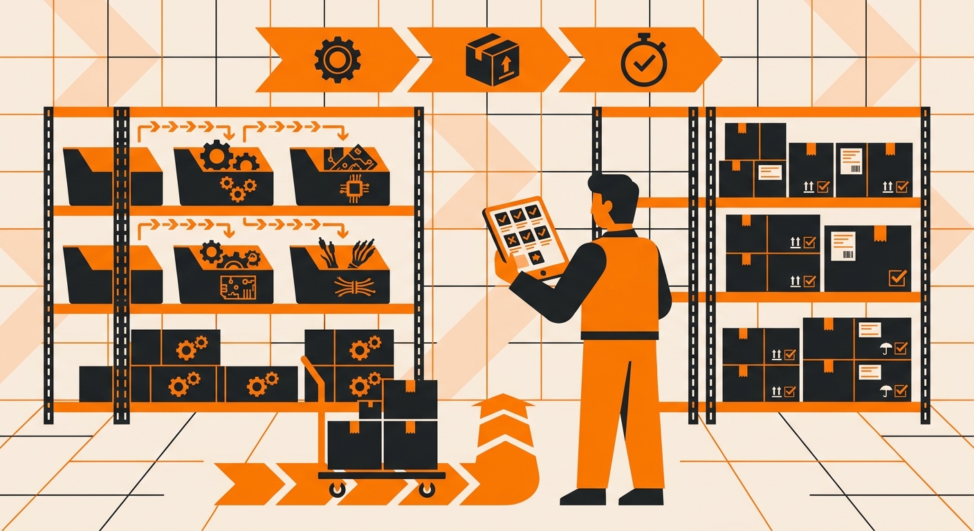 A supply chain operations image featuring a fulfillment employee reviewing a digital tablet next to shelves containing pre-bu