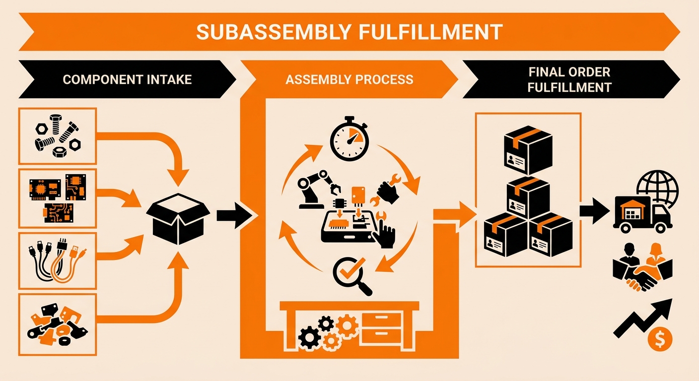 Infographic showing the subassembly fulfillment workflow: inbound component SKUs received separately, staged at a dedicated assembly station, built per a bill of materials, quality checked, assigned a new finished-goods SKU in the WMS, and routed to the outbound order queue