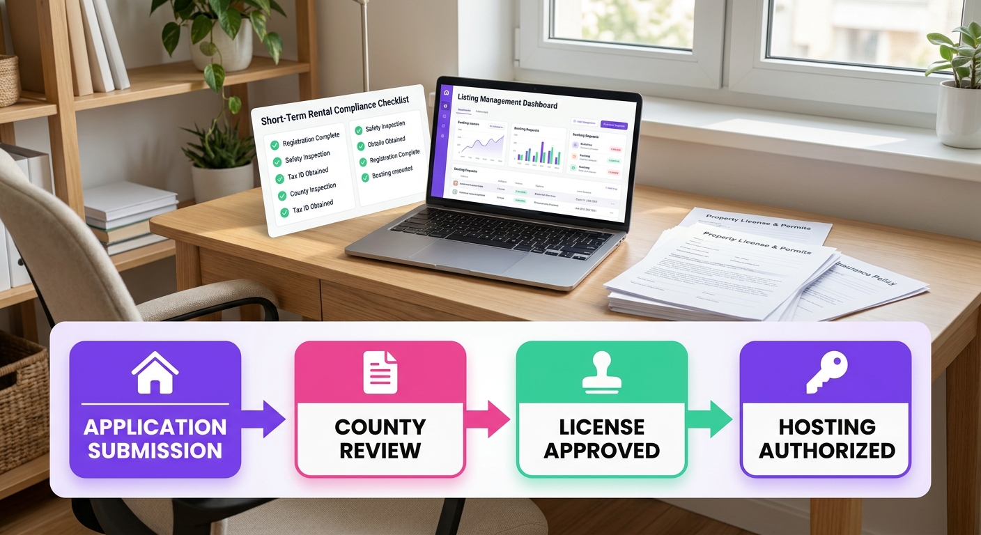 A clean home-office setup inside a furnished Airbnb-style rental shows a laptop displaying a short-term rental compliance che