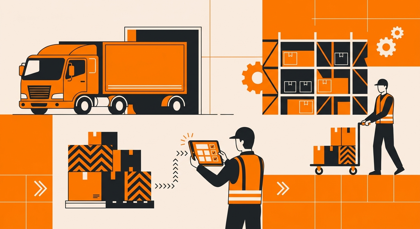 A professional logistics scene featuring a truck at a loading bay and warehouse staff verifying an LTL shipment against a dig