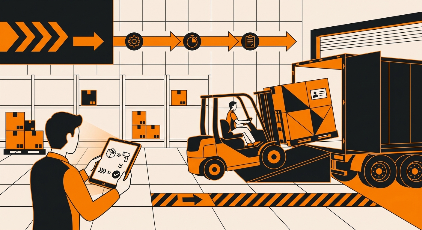 A clean warehouse receiving dock with a labeled LTL freight pallet being unloaded from a truck by a forklift, while a staff m