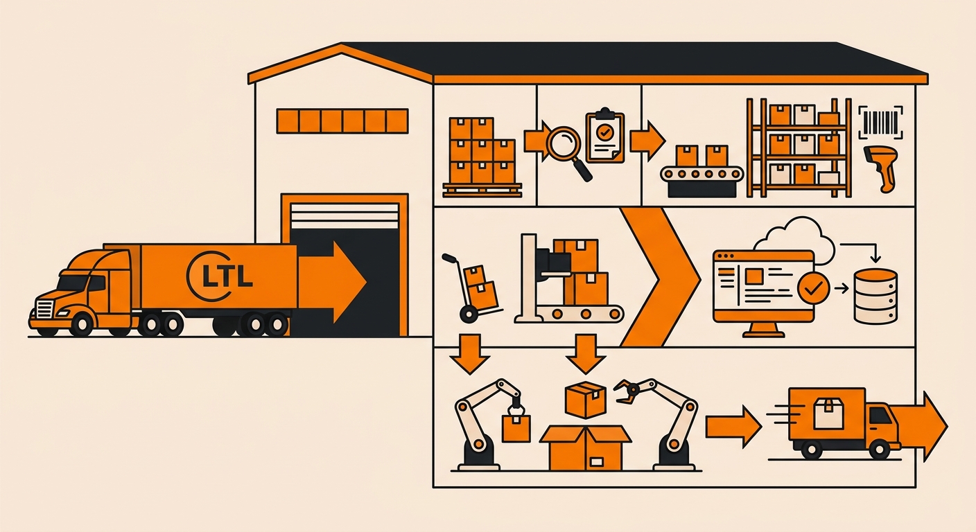 Infographic showing the four-step LTL freight receiving process at Fulfyld: ASN submission, dock scheduling, physical count verification, and WMS putaway with inventory activation