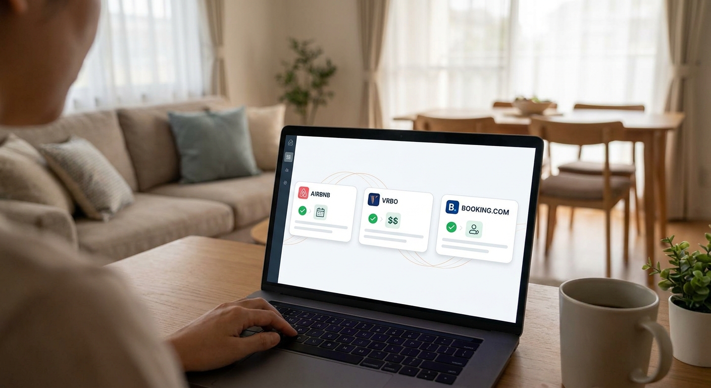 A professional home-office setup inside a vacation rental features a host checking a channel manager interface on a laptop, w