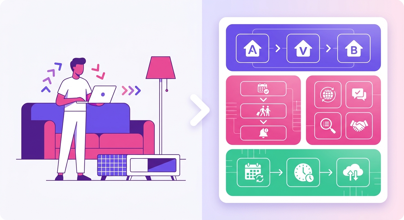 A split-screen style image shows a vacation rental owner managing multiple Airbnb-style listings from a laptop while standing