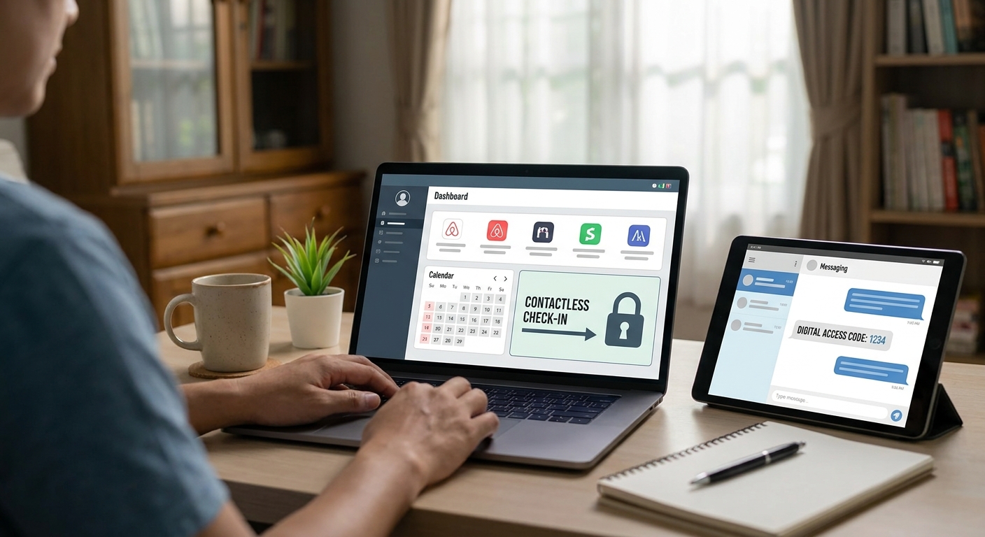 A property owner works from a home office desk with a laptop displaying a short-term rental management dashboard and recogniz