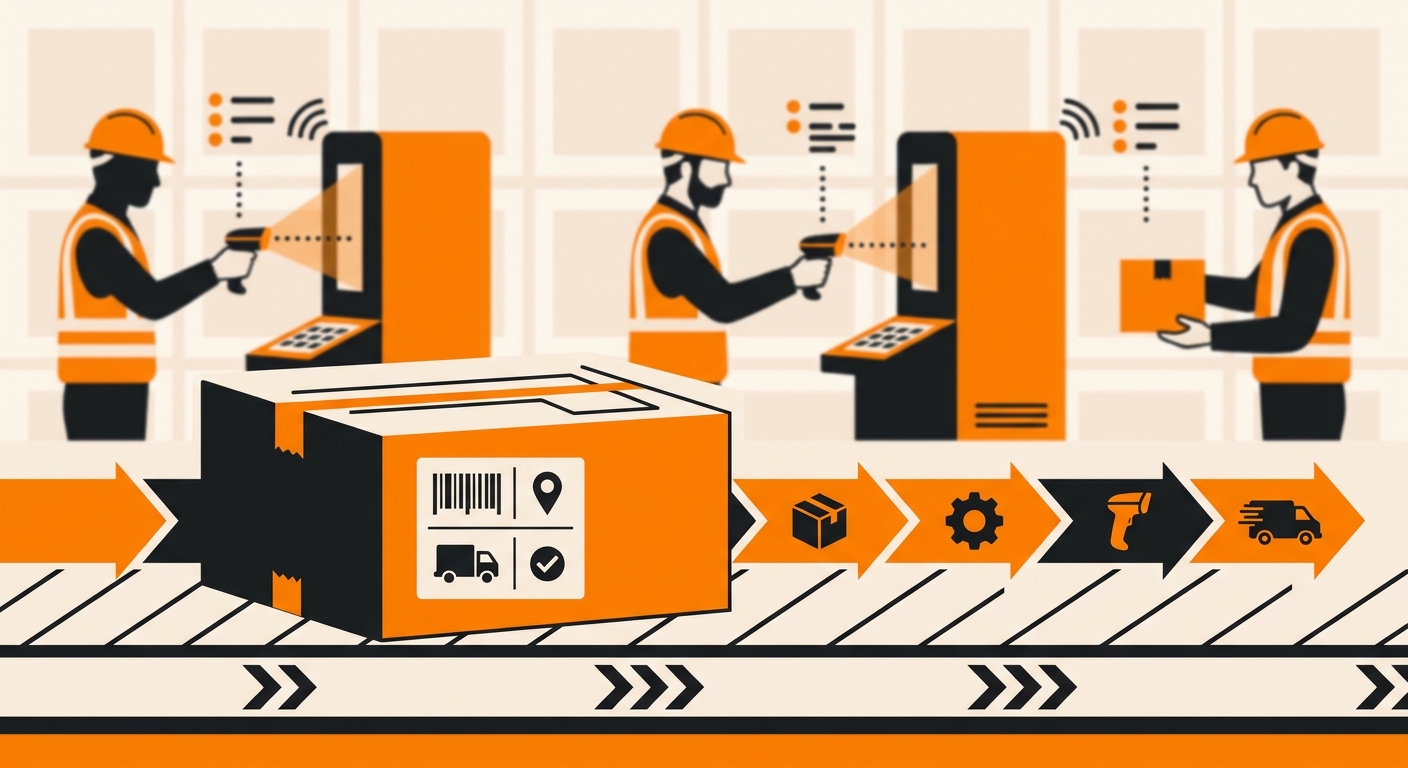 A delivery parcel with a printed shipping label sits on a sorting facility conveyor belt while workers and scanners appear so