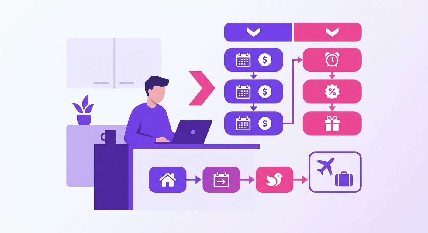 An STR property owner works from a kitchen counter inside a stylish Airbnb listing, comparing future booking dates and promot