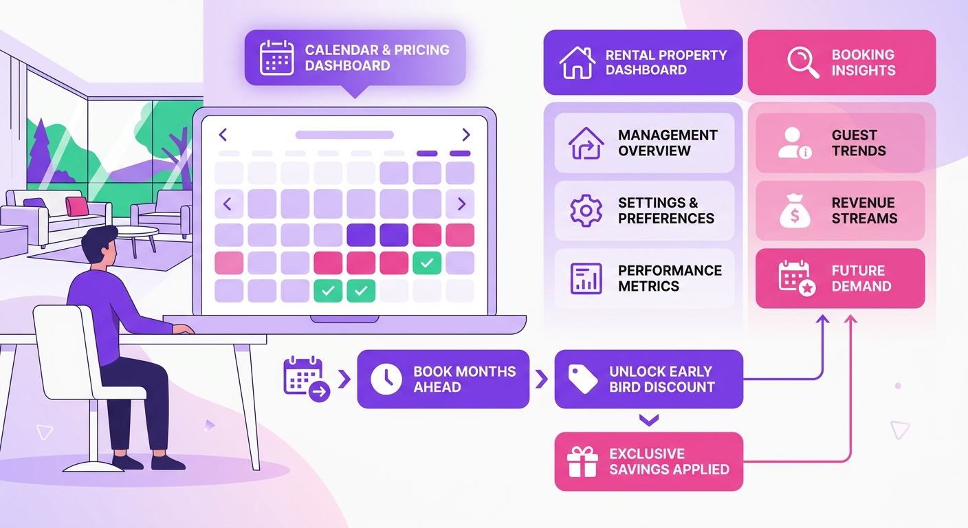 A short-term rental host sits at a laptop in a bright vacation home, reviewing an Airbnb-style calendar and pricing dashboard