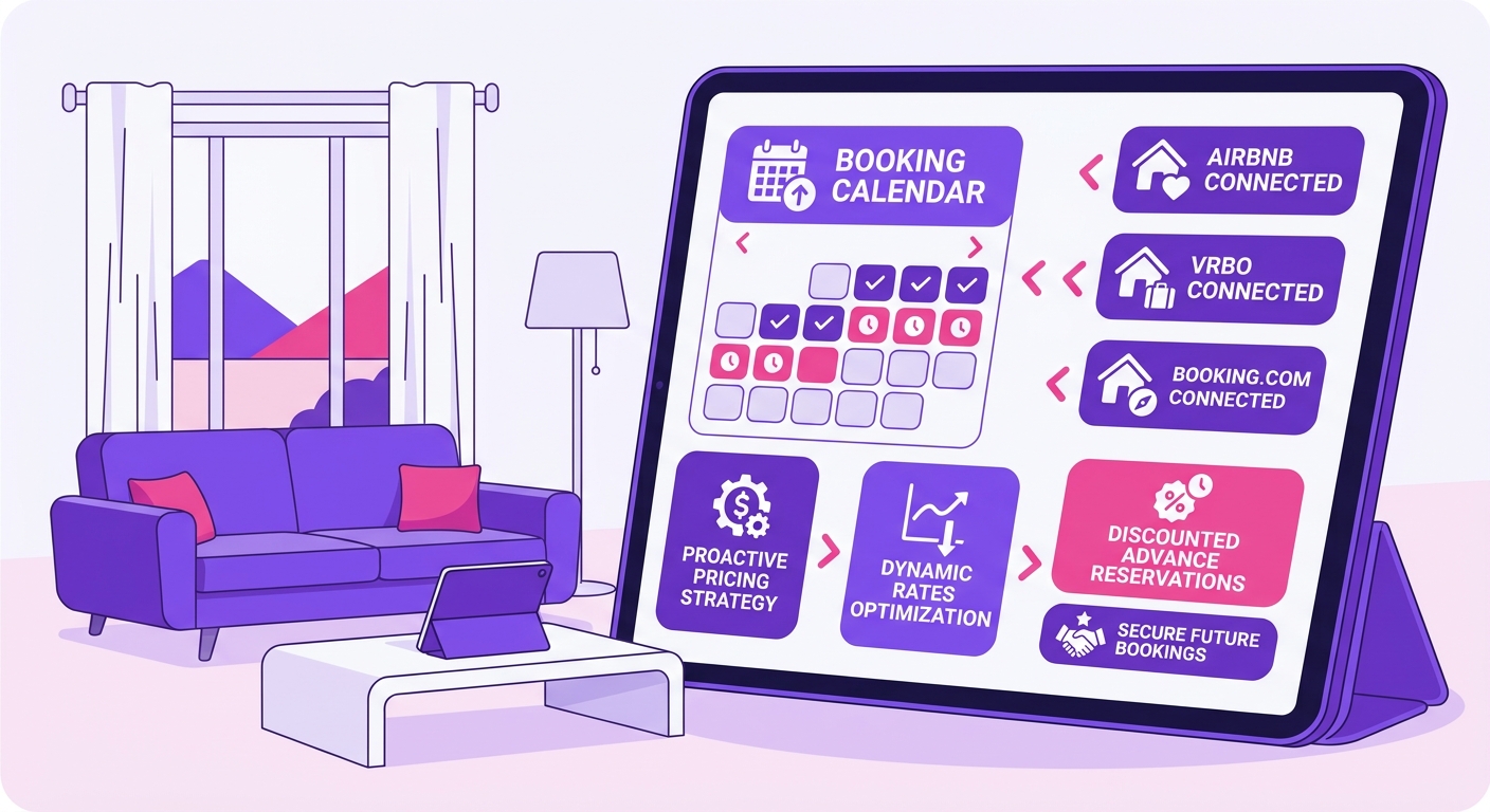 A modern vacation rental living area is shown with a tablet displaying a booking calendar, nightly rates, and connected STR p