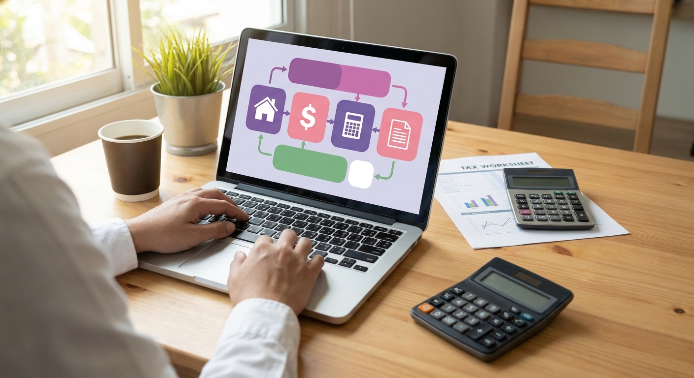 A tidy home office scene shows an STR property owner analyzing rental income figures on a laptop while referencing a printed