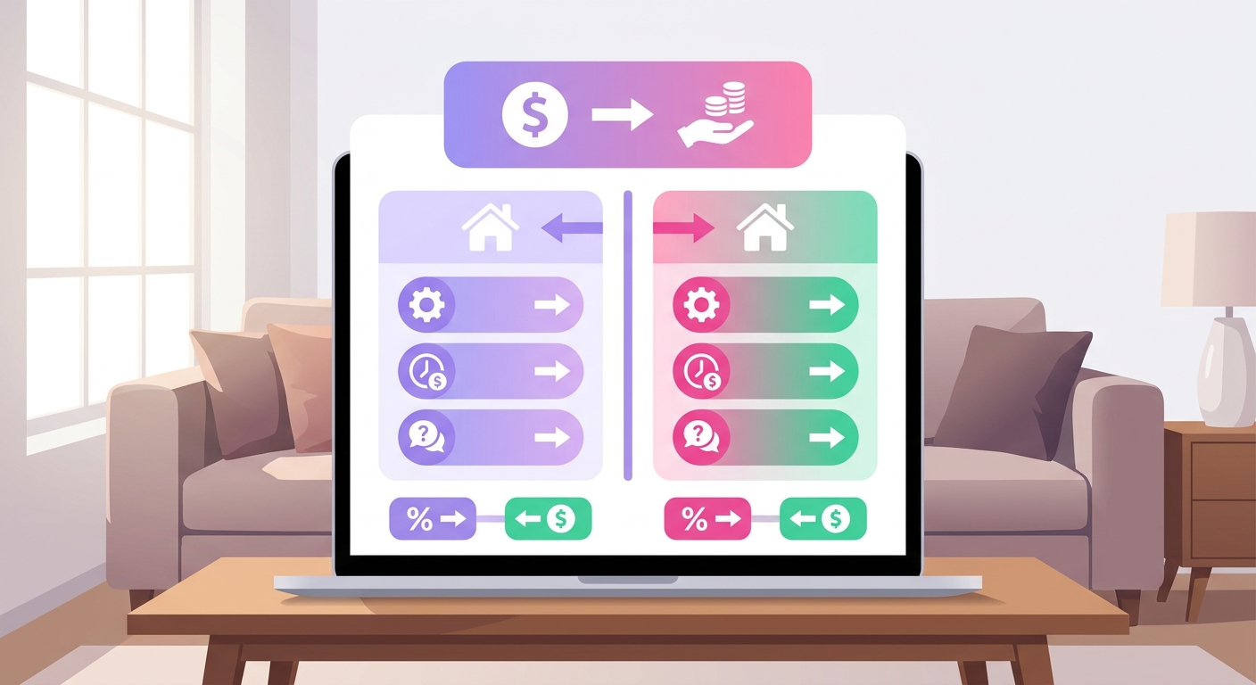 A property owner in a stylish Airbnb-style living room compares booking platform fees on a laptop while managing their vacati
