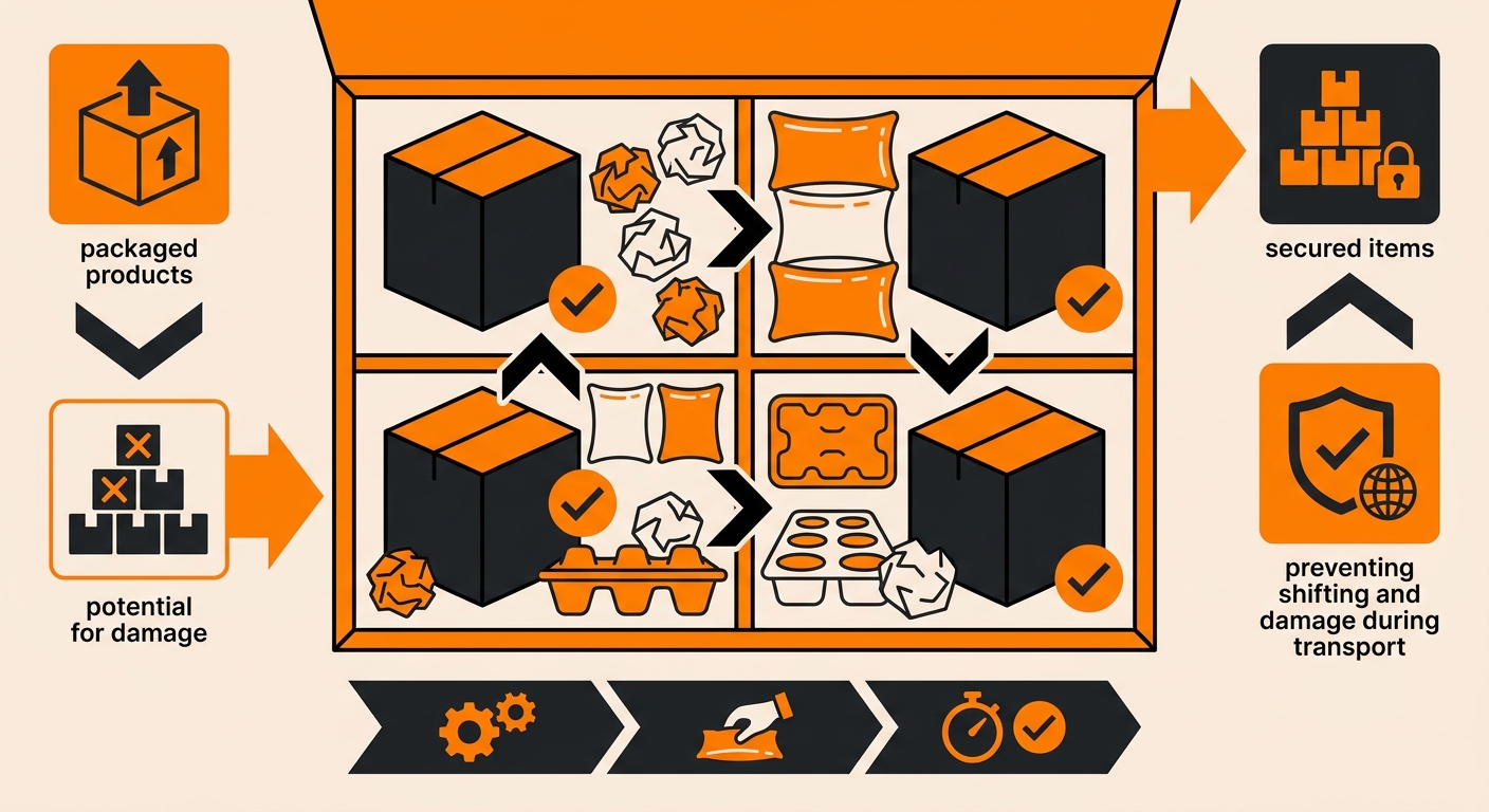 A close-up of packaged products inside a shipping crate with protective dunnage placed between items to prevent shifting and