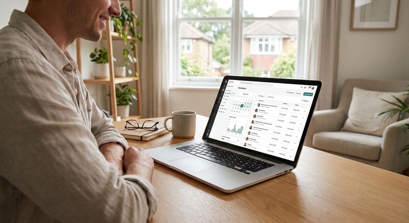 A professional home-office style image showing a property owner managing a vacation rental portfolio on a laptop, with a cale