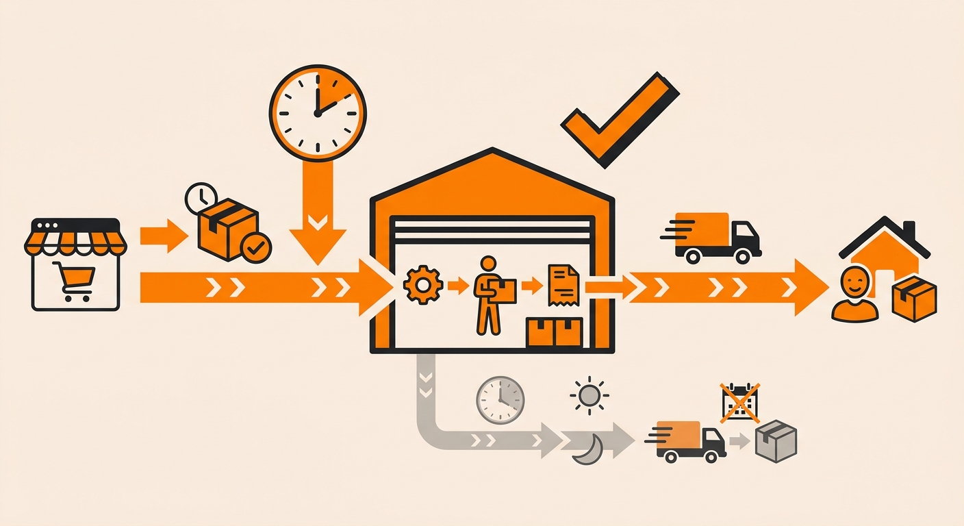 Infographic showing the same day shipping workflow: order placed before cutoff, OMS-to-WMS sync, pick path generation, pack and label verification, carrier staging, and end-of-day carrier pickup handoff at a 3PL warehouse