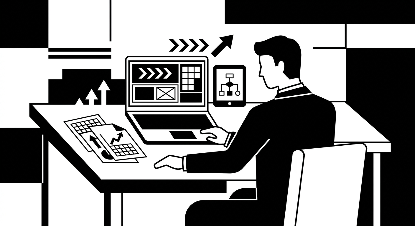 A corporate analyst reviewing occupancy reports on a laptop beside printed charts showing monthly utilization and vacancy tre