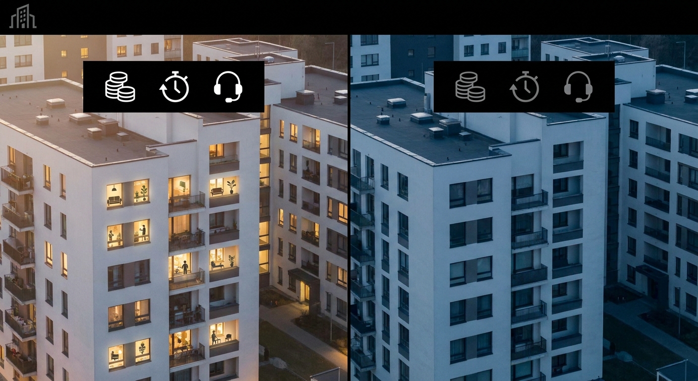An aerial view of a large apartment complex with several units highlighted subtly to represent occupied versus vacant spaces.