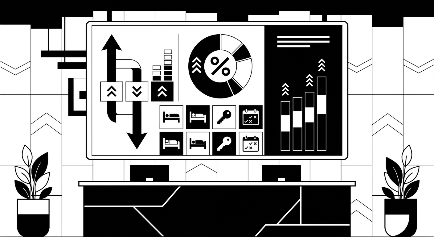 A modern hotel lobby reception desk with a digital dashboard overlay showing room occupancy percentages, booking trends, and 