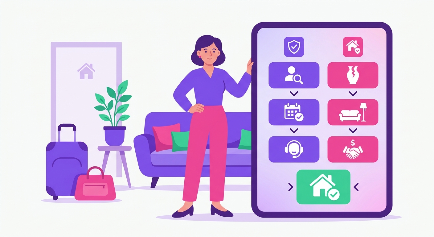 A vacation rental owner stands in a well-kept living room, using a tablet to review guest protection options and a damage wai