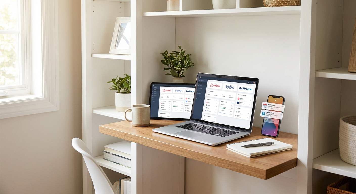 A clean workspace in a residential rental office nook shows a laptop and tablet open to a short-term rental management dashbo