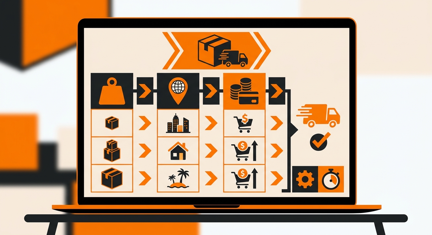 A clean eCommerce dashboard on a laptop screen displaying a shipping rate table with rows for weight, destination, and order