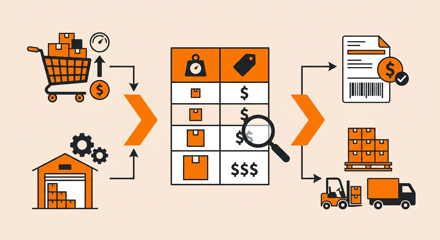 Diagram showing how a table rate shipping lookup table maps order conditions such as weight range, destination zone, and cart subtotal to specific flat shipping fees at checkout
