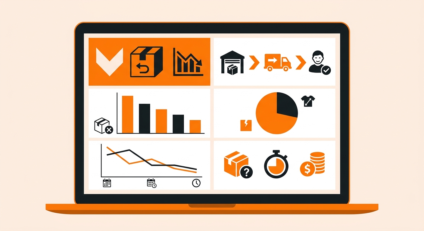 A clean dashboard-style illustration showing an eCommerce returns analysis report on a laptop screen, with charts, return-rat
